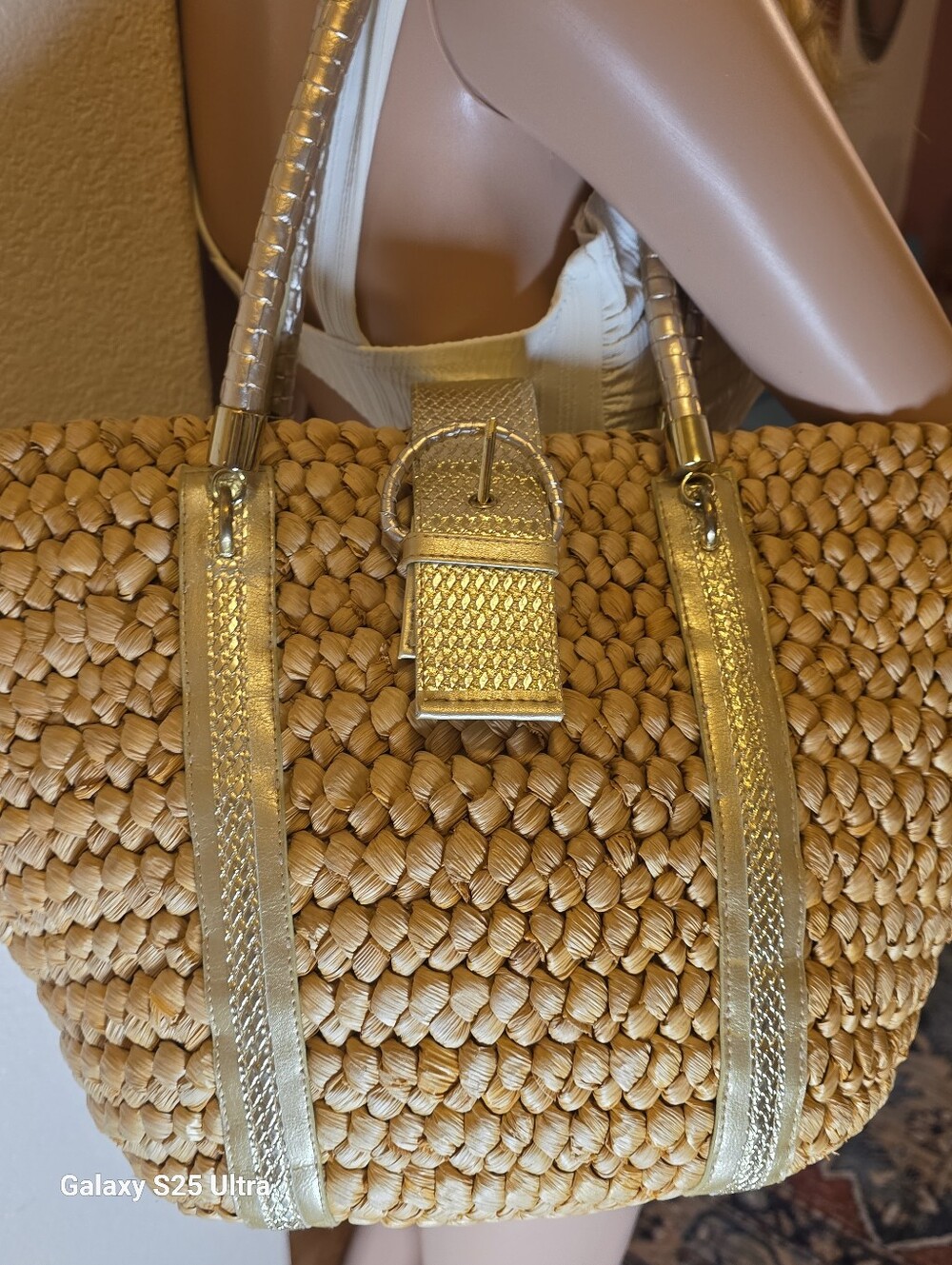 Y2K Straw Woven Vegan Leather Corn Husk Tote Bag Gold Buckle Beach Boho - Picture 6 of 15